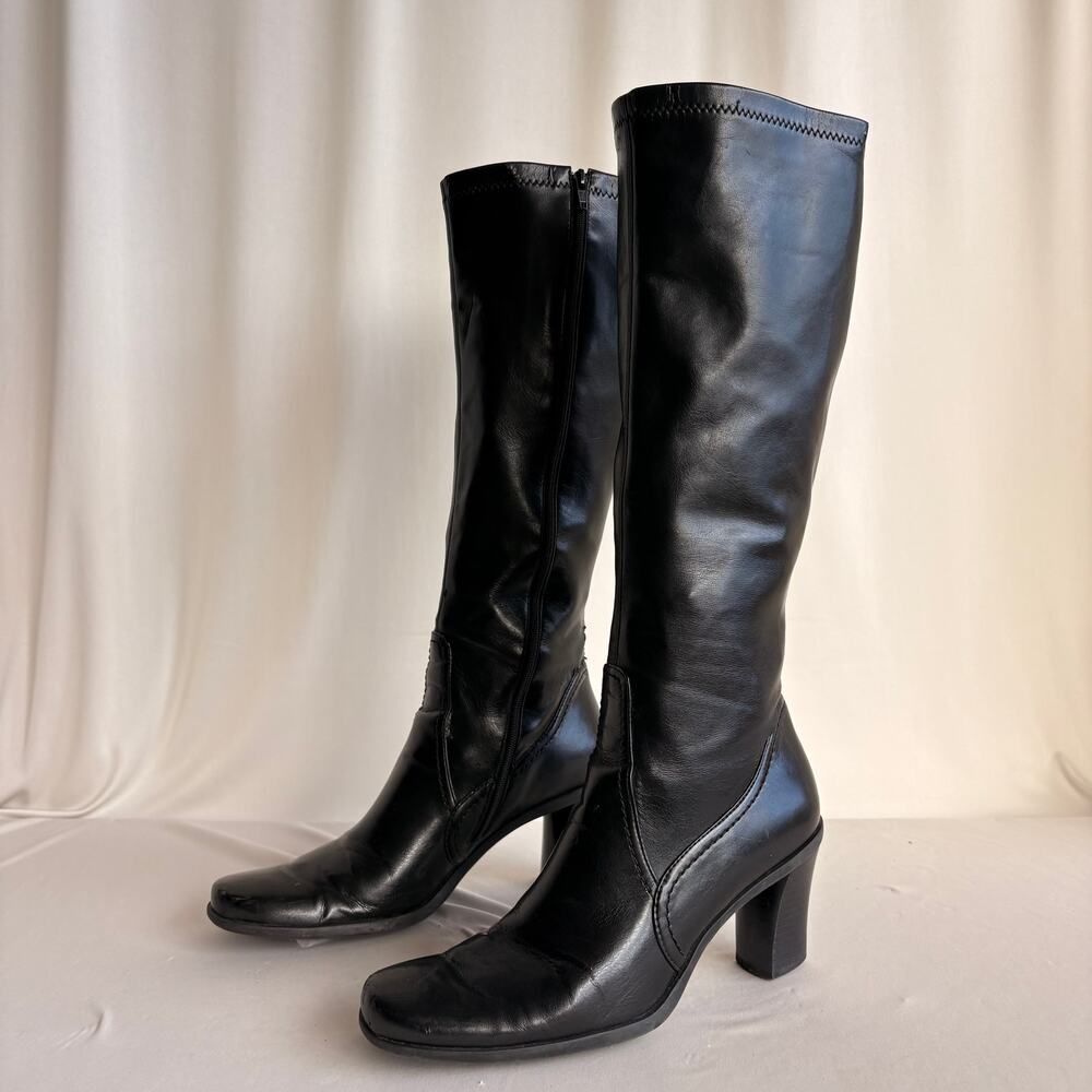 Franco Sarto Black Knee-High Heeled Boots - Round Toe, Faux Leather, 7.5